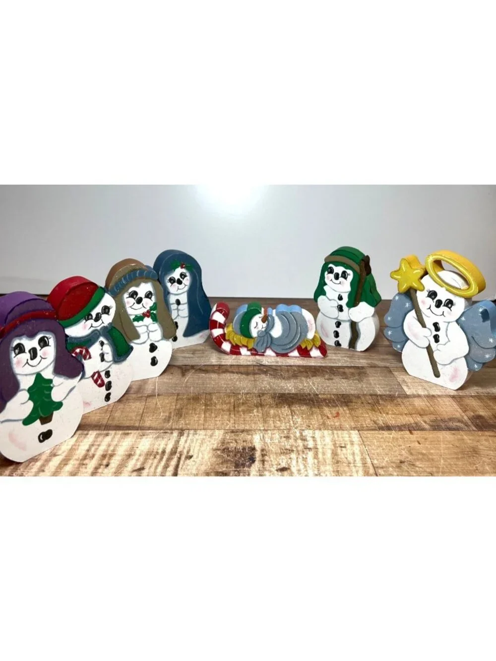 Nativity Scene Hand-Painted Wooden Snowman Figures Holiday Décor Set - 7 Pieces